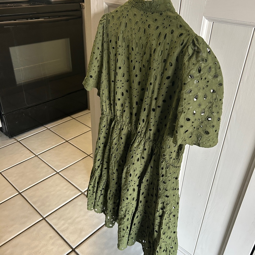 Olive Eyelet Tiered Short Sleeve Dress - Women